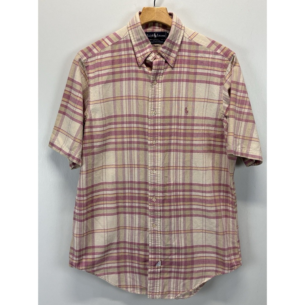 Vtg Ralph Lauren Plaid Button Down Shirt Sz Medium Men's Pink Short Sleeve